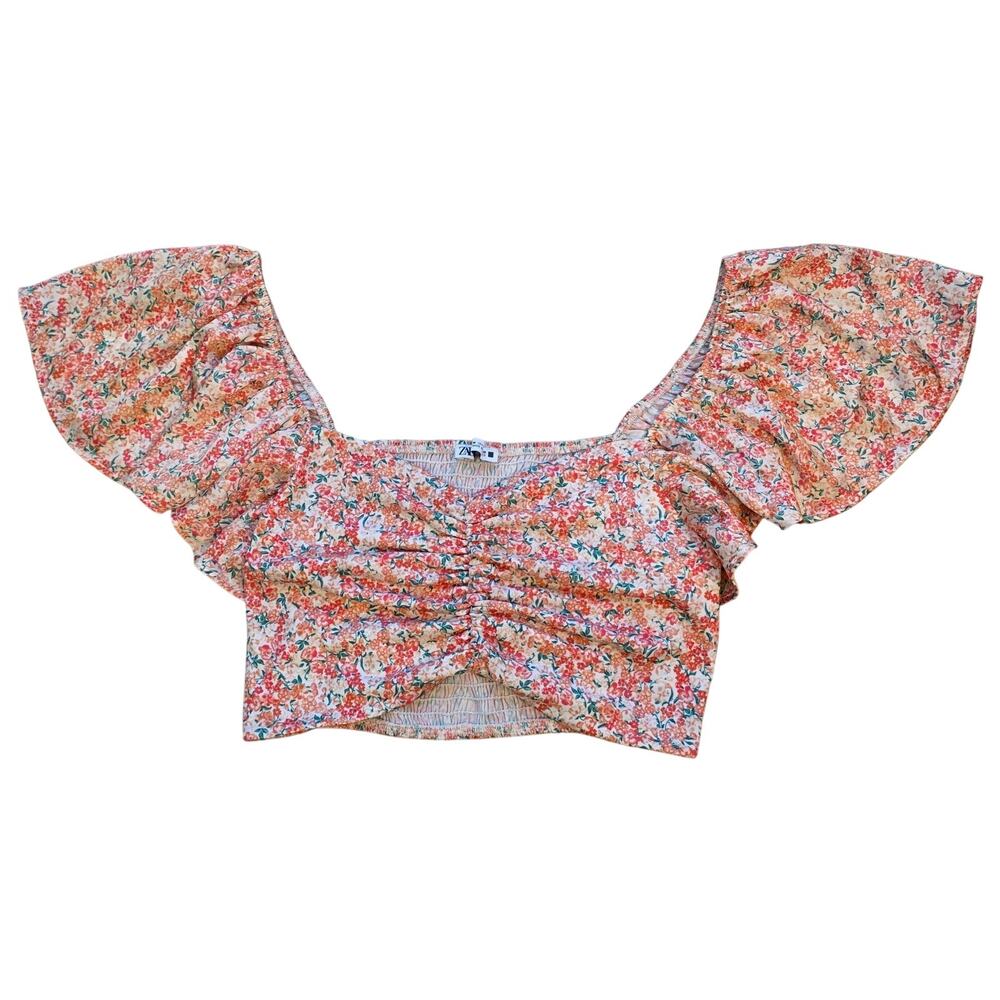 Zara Ruched Crop Top Womens M Puff Sleeve Smocked Cottagecore Boho